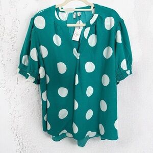 Cato Teal Green With White Polka Dots/Short Sleeve Blouse – Size 22/24W